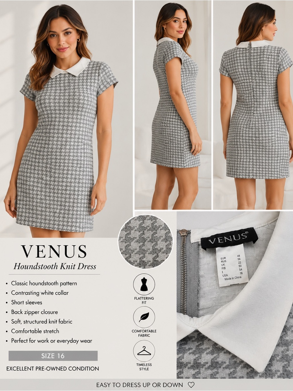 VENUS Gray Houndstooth Mini Dress with White Collar